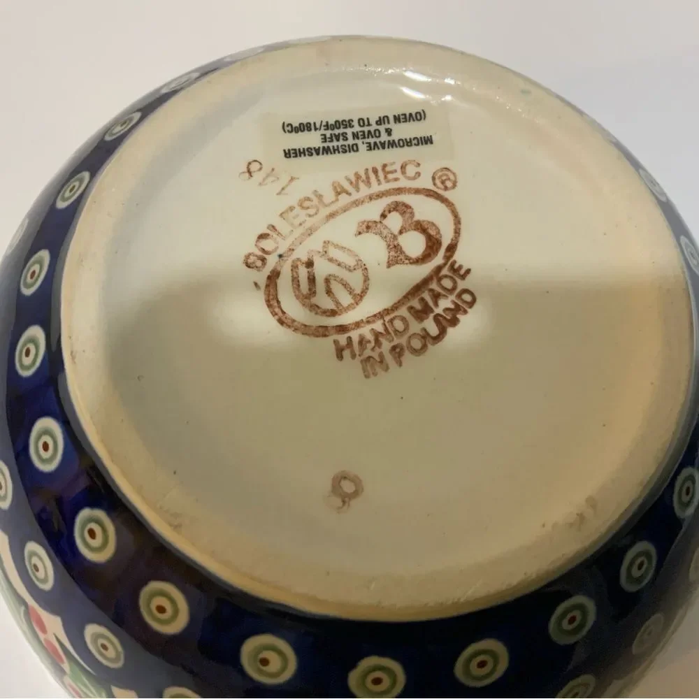 Boleslawiec Polish Pottery Christmas Holly Pinecones Serving Bowl Dish